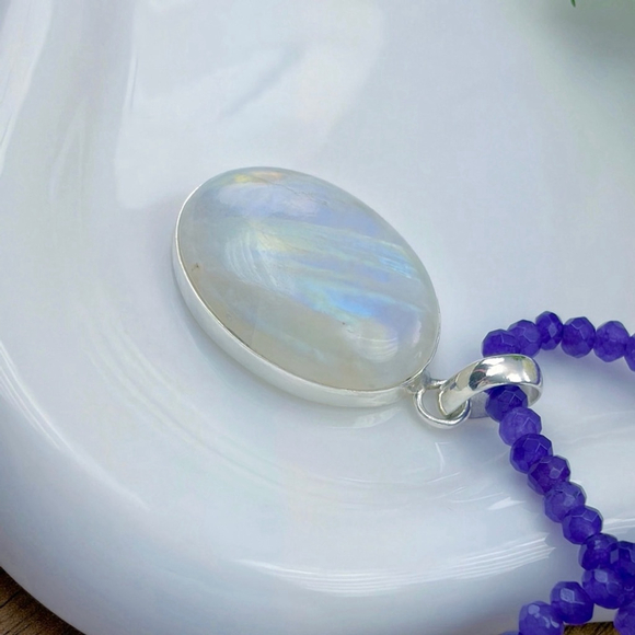 Rainbow Moonstone Pendant Necklace Solid Sterling Silver 925 Boho Southwest - Picture 5 of 10